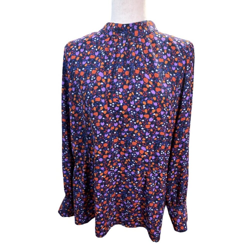 Halogen 2X Floral Blouse Colorful Retro Style Mock Neck Keyhole Drop Waist Plus
